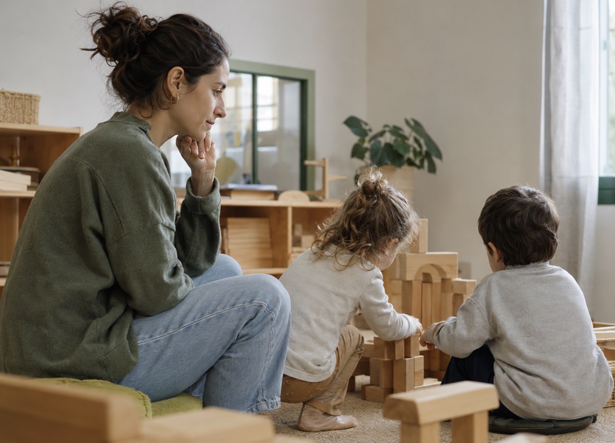 Educatrice osserva due bambini durante un’attività di gioco e costruzione