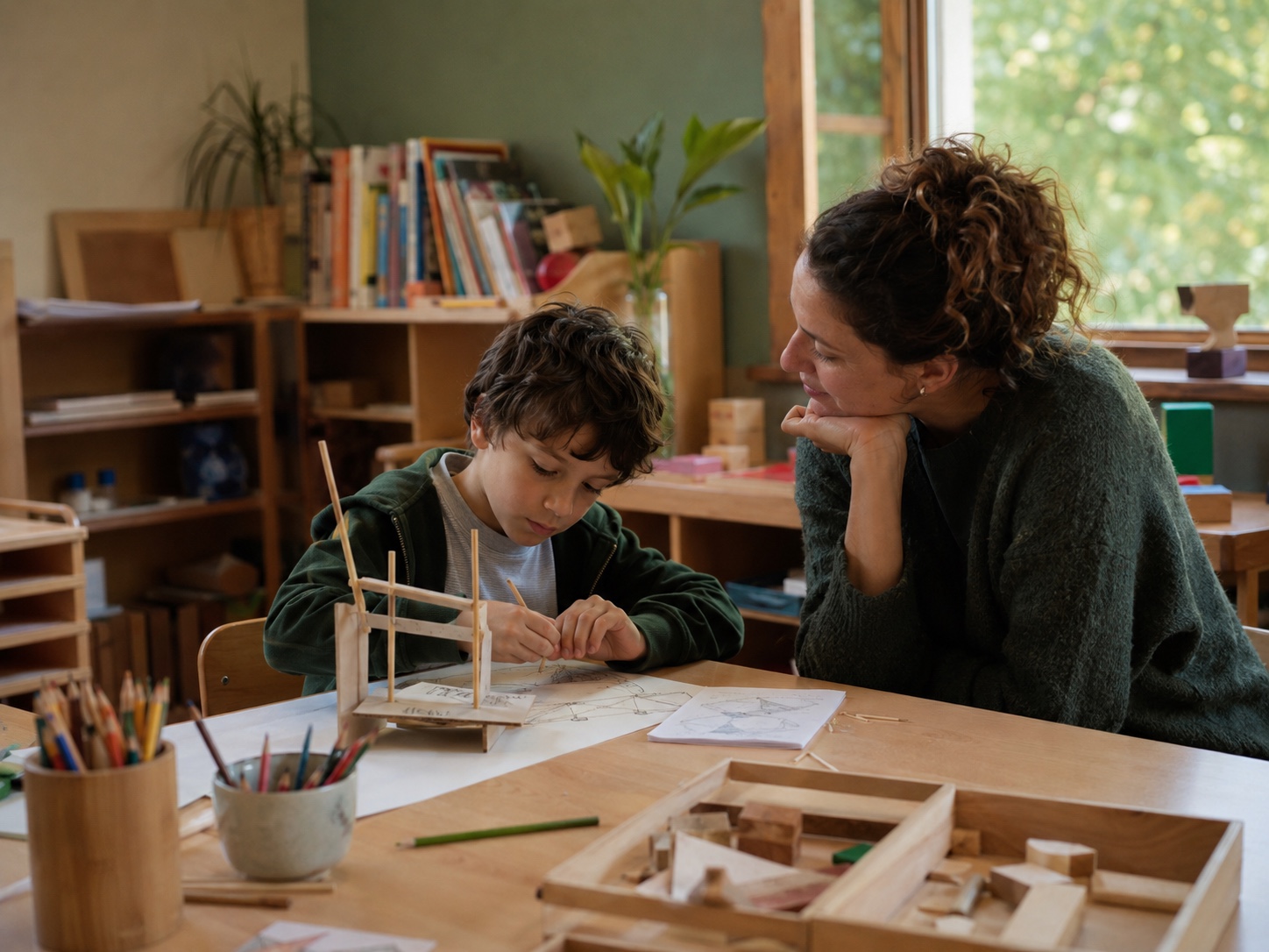 Adulta accompagna un bambino durante un’attività educativa e creativa