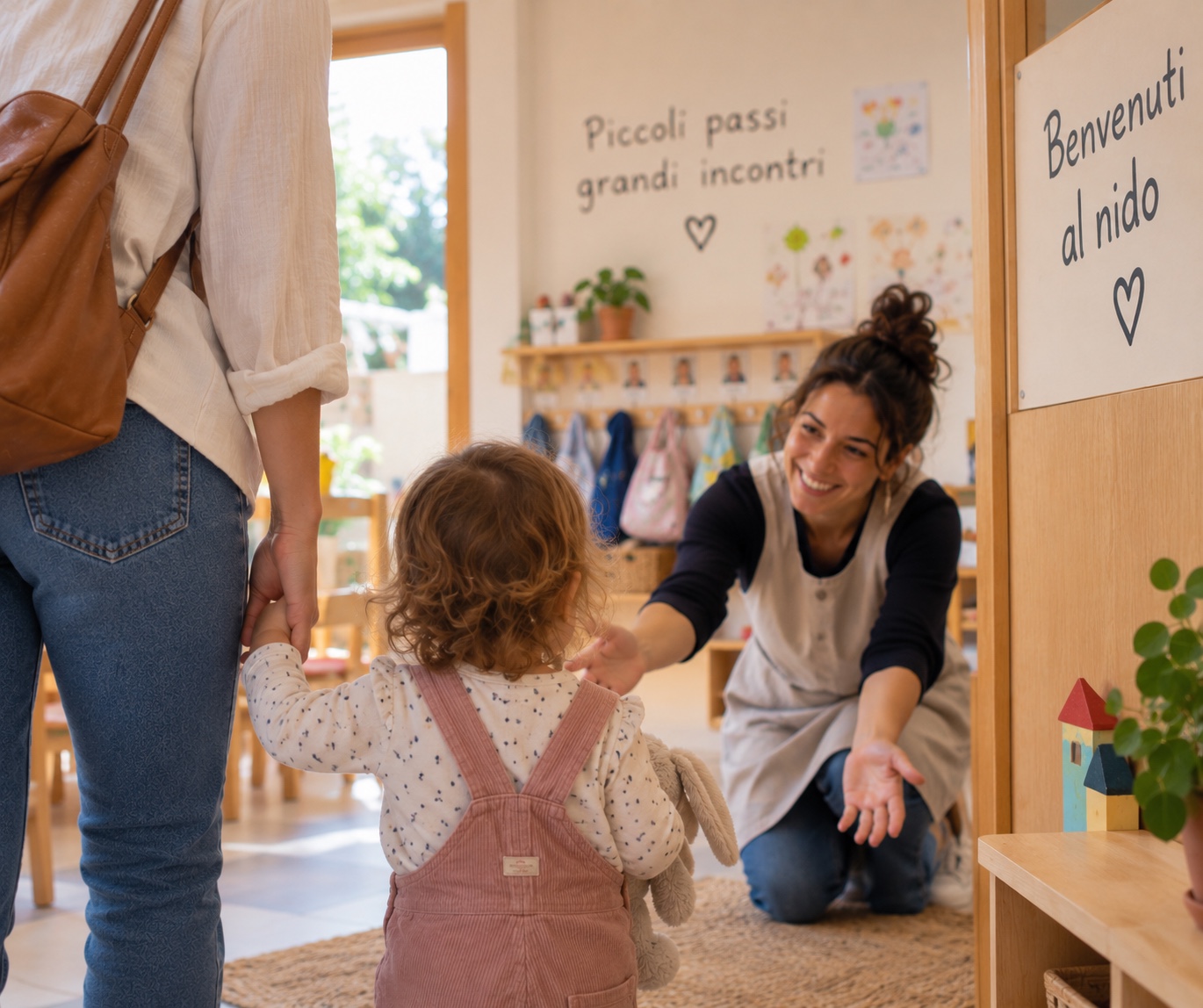 Bambino entra al nido accompagnato dal genitore e accolto dall’educatrice