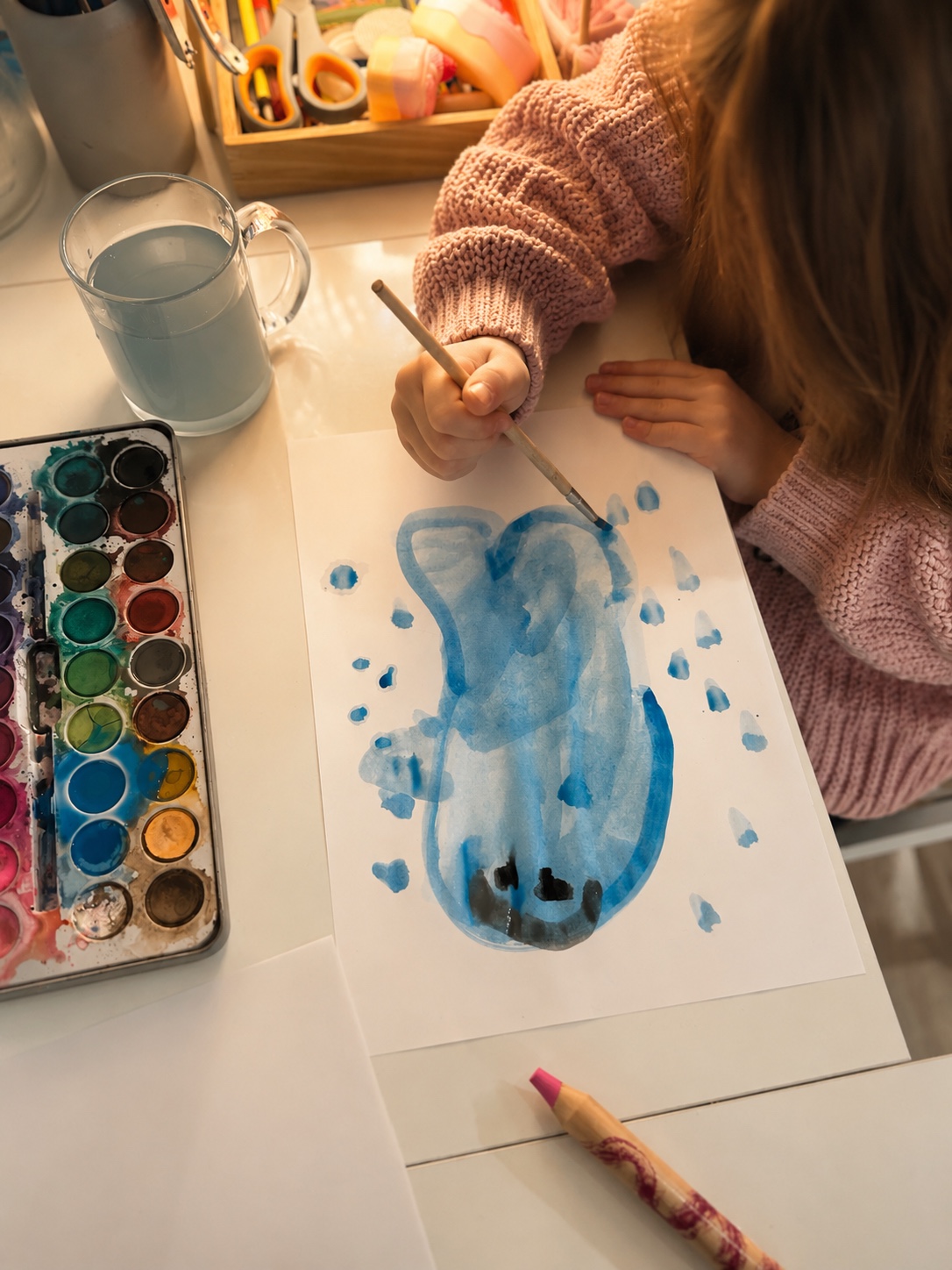 Bambina dipinge con gli acquerelli durante un’attività creativa