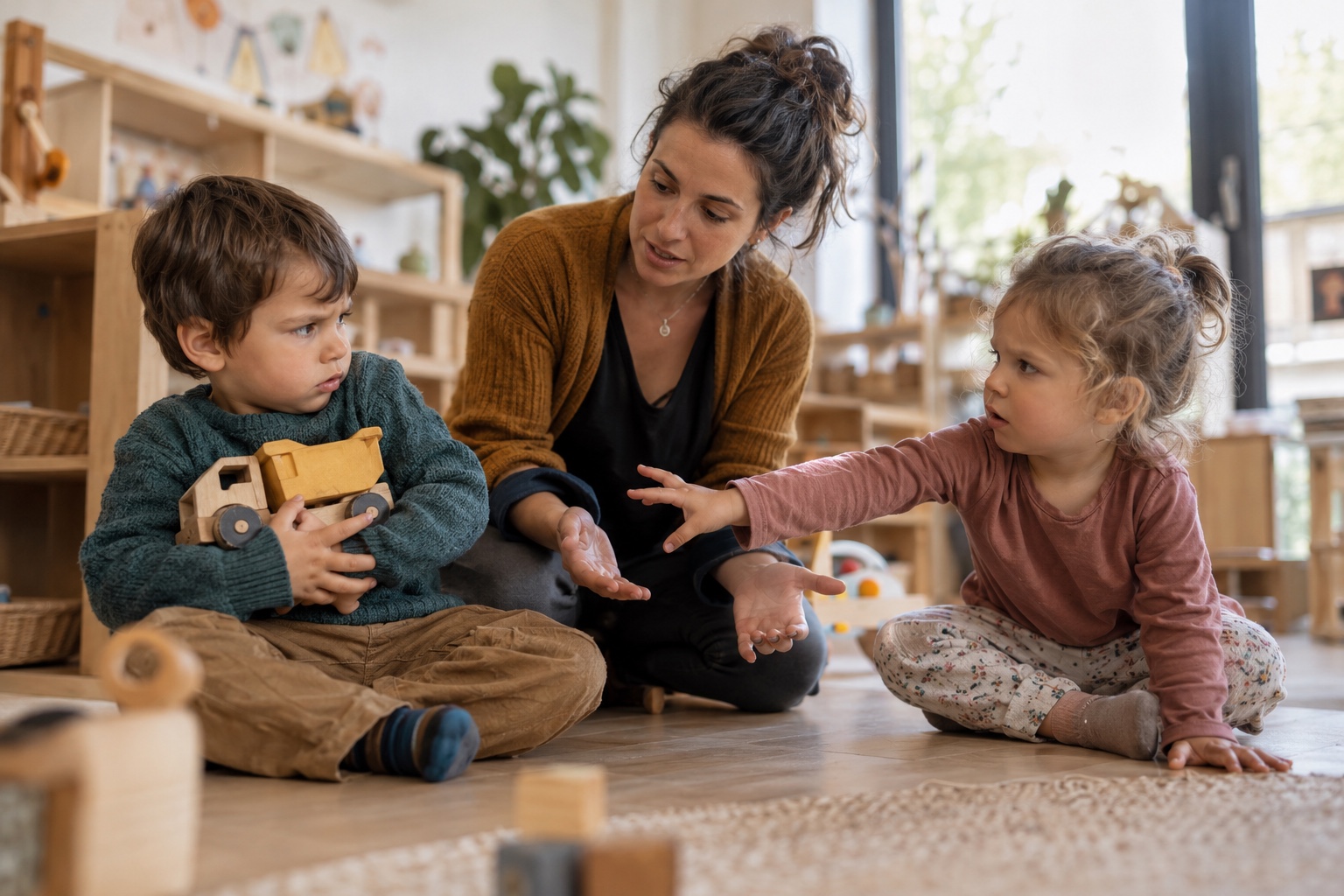 Educatrice accompagna due bambini durante un conflitto per un gioco