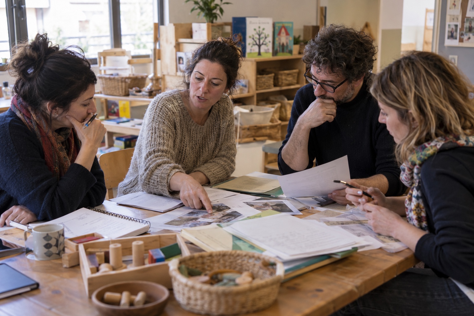 Professionisti di un’équipe educativa riuniti attorno a un tavolo durante una formazione